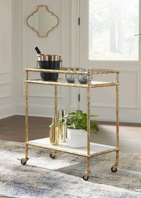 Plattfield Antique Gold Finish Bar Cart by Ashley at Eve Furniture