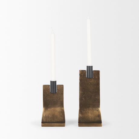 Polli Antiqued Gold w/ Matte Black Metal Taper Candleholders (Set of 2) by Mercana at Eve Furniture