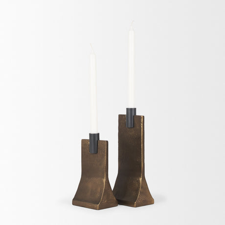 Polli Antiqued Gold w/ Matte Black Metal Taper Candleholders (Set of 2) by Mercana at Eve Furniture