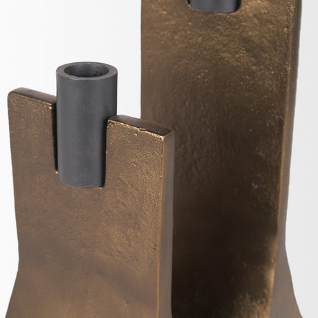 Polli Antiqued Gold w/ Matte Black Metal Taper Candleholders (Set of 2) by Mercana at Eve Furniture