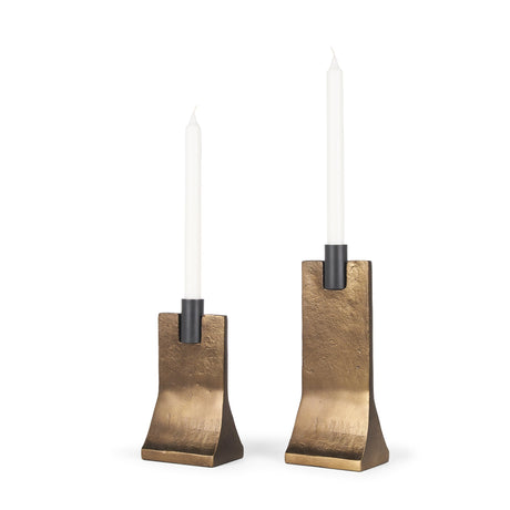 Polli Antiqued Gold w/ Matte Black Metal Taper Candleholders (Set of 2) by Mercana at Eve Furniture