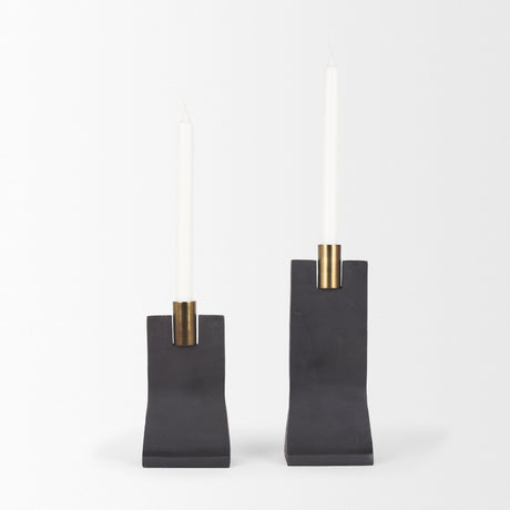 Polli Matte Black w/ Brushed Gold Metal Taper Candleholders (Set of 2) by Mercana at Eve Furniture