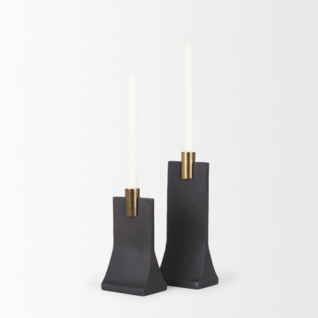 Polli Matte Black w/ Brushed Gold Metal Taper Candleholders (Set of 2) by Mercana at Eve Furniture