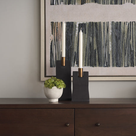Polli Matte Black w/ Brushed Gold Metal Taper Candleholders (Set of 2) by Mercana at Eve Furniture