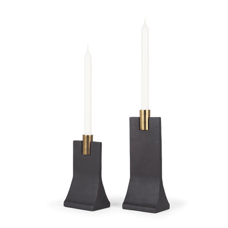 Polli Matte Black w/ Brushed Gold Metal Taper Candleholders (Set of 2) by Mercana at Eve Furniture
