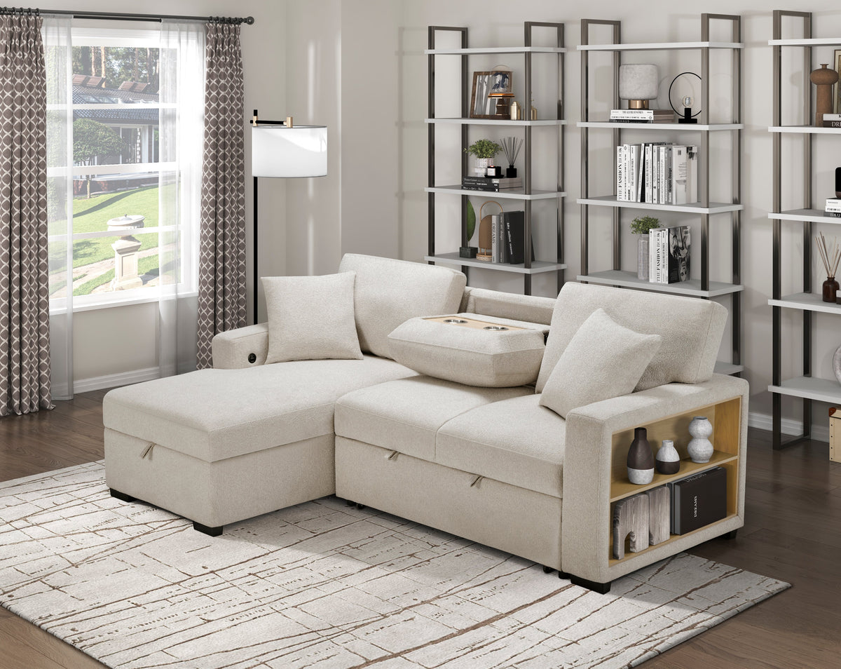 Pompano Beige 2-Piece Boucle Sectional with Left Chaise, Pull-out Bed and Hidden Storage by Homelegance at Eve Furniture