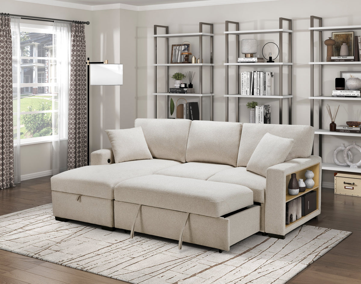 Pompano Beige 2-Piece Boucle Sectional with Left Chaise, Pull-out Bed and Hidden Storage by Homelegance at Eve Furniture
