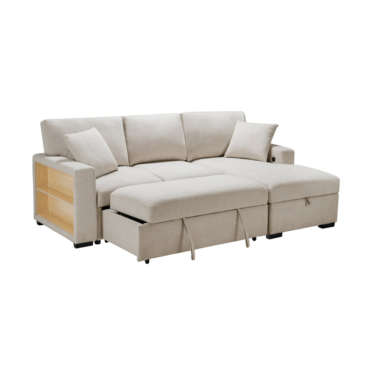 Pompano Beige 2-Piece Sectional with Right Chaise, Pull-out Bed and Hidden Storage, Charging Ports by Homelegance at Eve Furniture