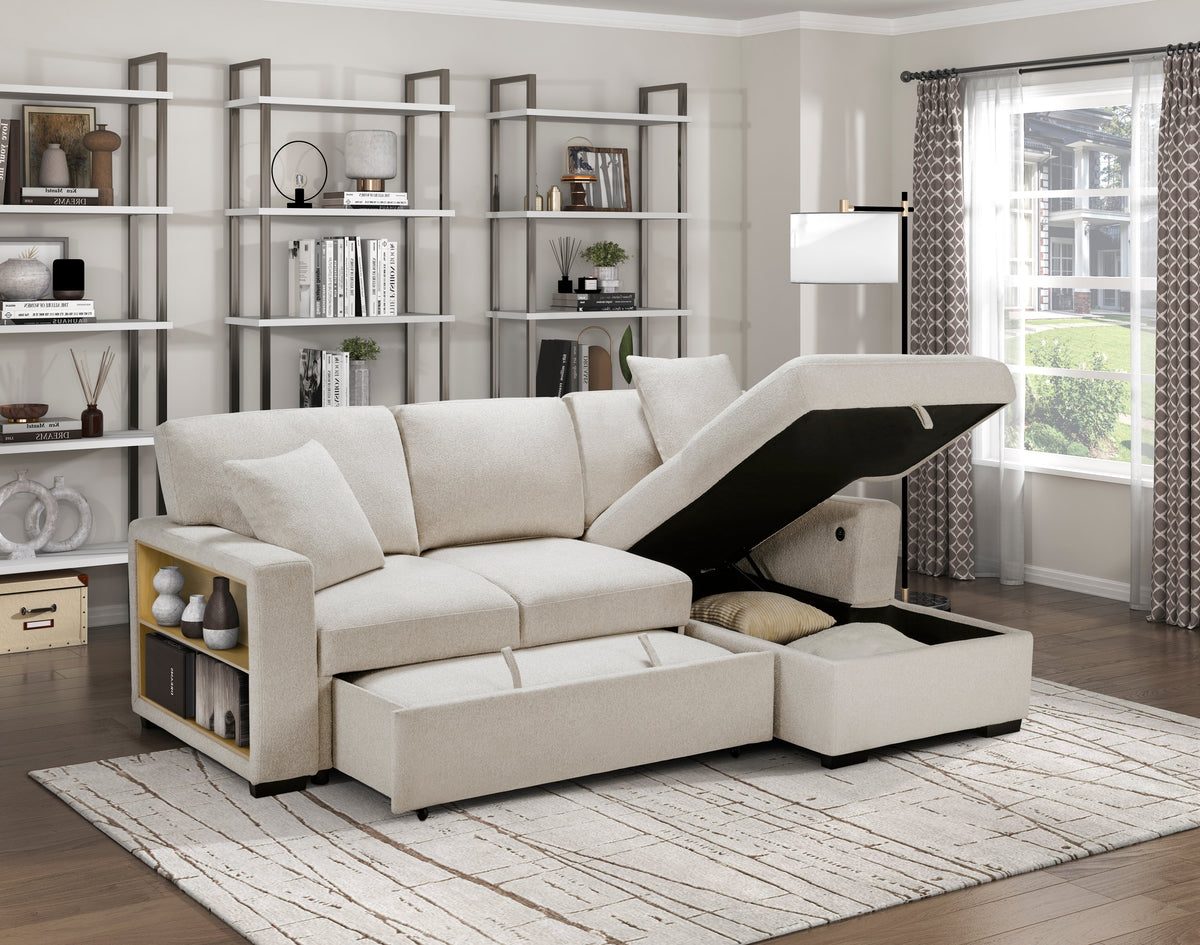 Pompano Beige 2-Piece Sectional with Right Chaise, Pull-out Bed and Hidden Storage, Charging Ports by Homelegance at Eve Furniture