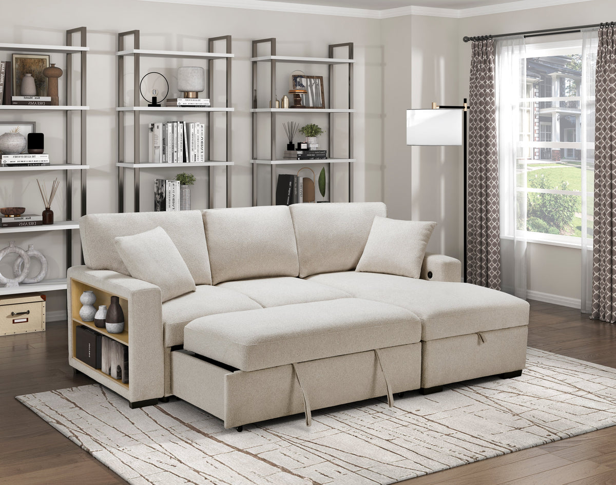 Pompano Beige 2-Piece Sectional with Right Chaise, Pull-out Bed and Hidden Storage, Charging Ports by Homelegance at Eve Furniture