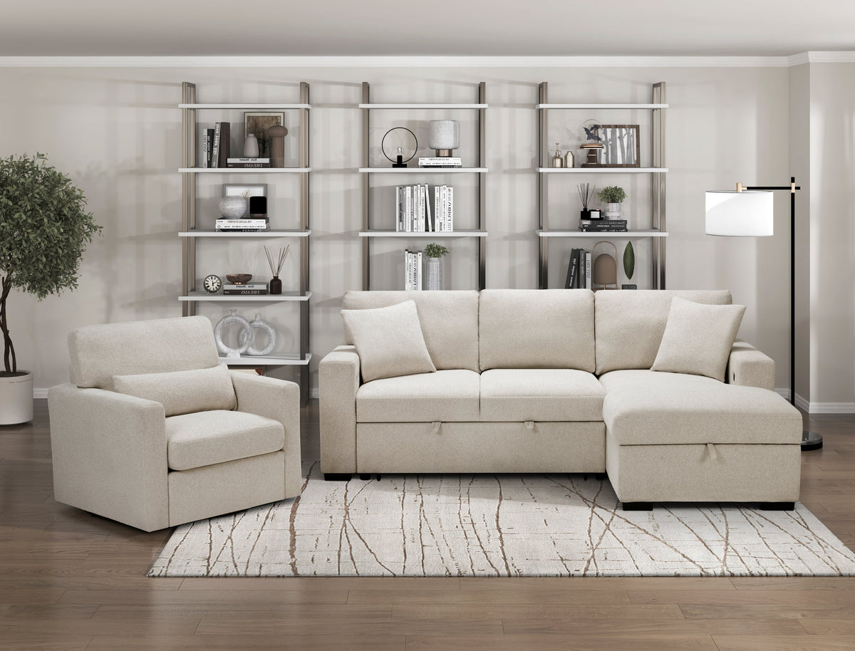Pompano Beige 2-Piece Sectional with Right Chaise, Pull-out Bed and Hidden Storage, Charging Ports by Homelegance at Eve Furniture