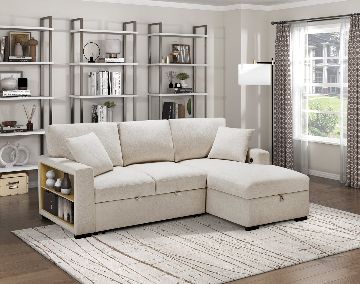Pompano Beige 2-Piece Sectional with Right Chaise, Pull-out Bed and Hidden Storage, Charging Ports by Homelegance at Eve Furniture
