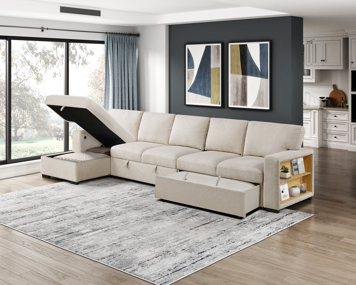 Pompano Beige 3-Piece Sectional with Left Chaise, Pull-out Bed and Hidden Storages, Charging Ports by Homelegance at Eve Furniture