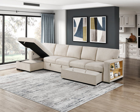 Pompano Beige 3-Piece Sectional with Left Chaise, Pull-out Bed and Hidden Storages, Charging Ports by Homelegance at Eve Furniture