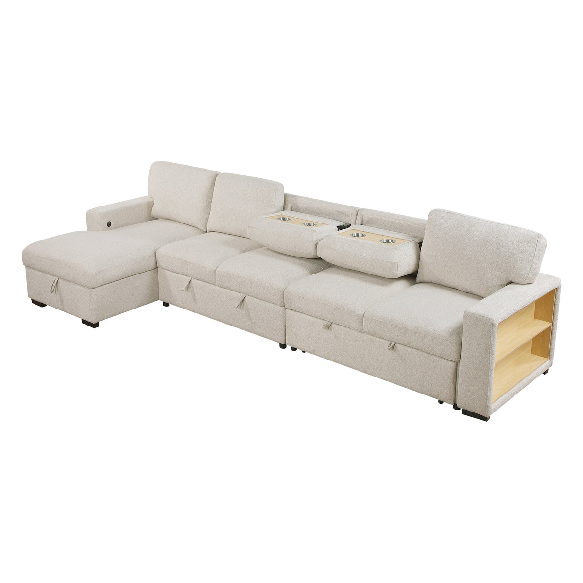 Pompano Beige 3-Piece Sectional with Left Chaise, Pull-out Bed and Hidden Storages, Charging Ports by Homelegance at Eve Furniture