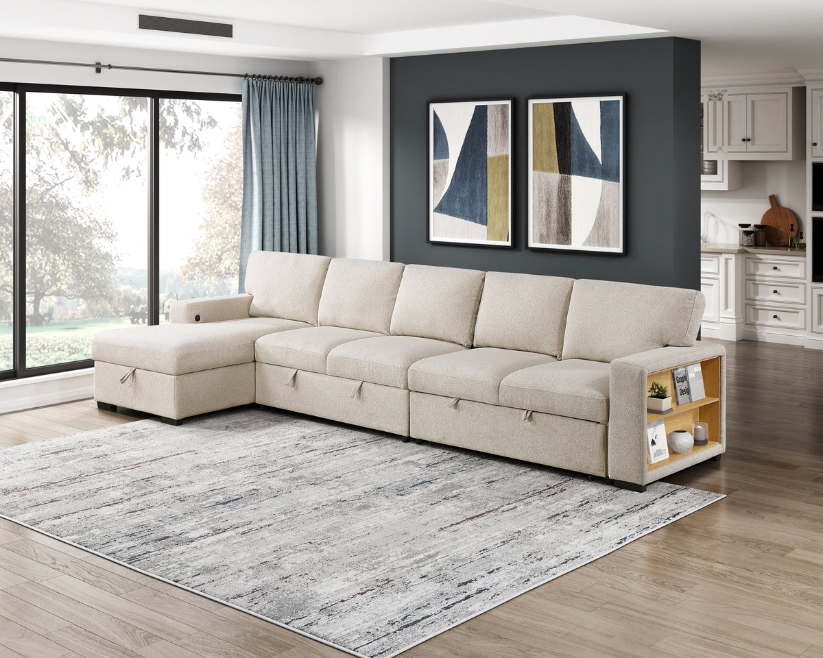 Pompano Beige 3-Piece Sectional with Left Chaise, Pull-out Bed and Hidden Storages, Charging Ports by Homelegance at Eve Furniture