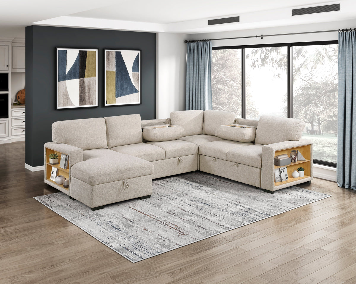 Pompano Beige 4-Piece Sectional with Left Chaise, Pull-out Bed and Hidden Storages, Charging Ports by Homelegance at Eve Furniture