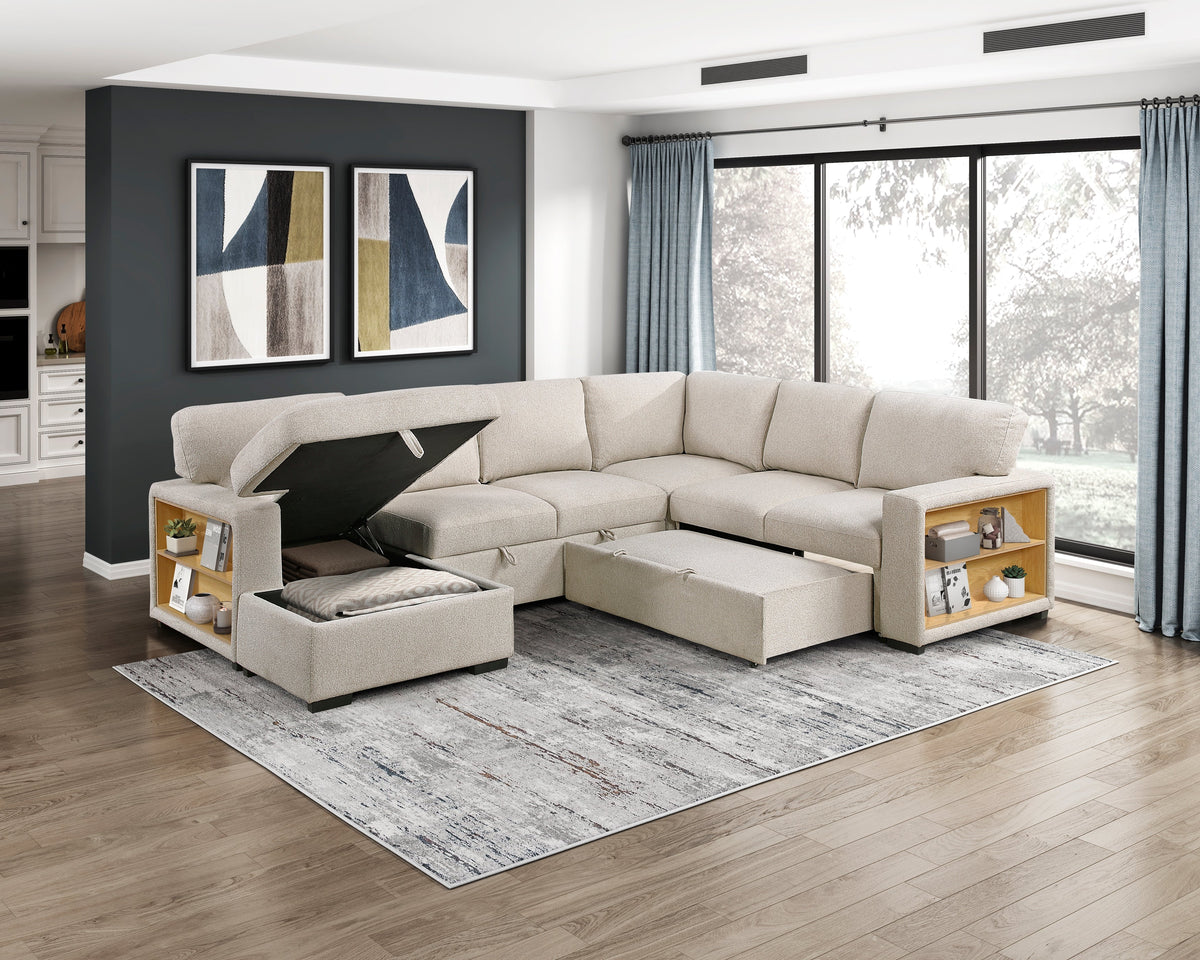 Pompano Beige 4-Piece Sectional with Left Chaise, Pull-out Bed and Hidden Storages, Charging Ports by Homelegance at Eve Furniture