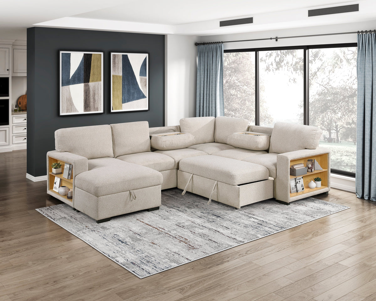 Pompano Beige 4-Piece Sectional with Left Chaise, Pull-out Bed and Hidden Storages, Charging Ports by Homelegance at Eve Furniture