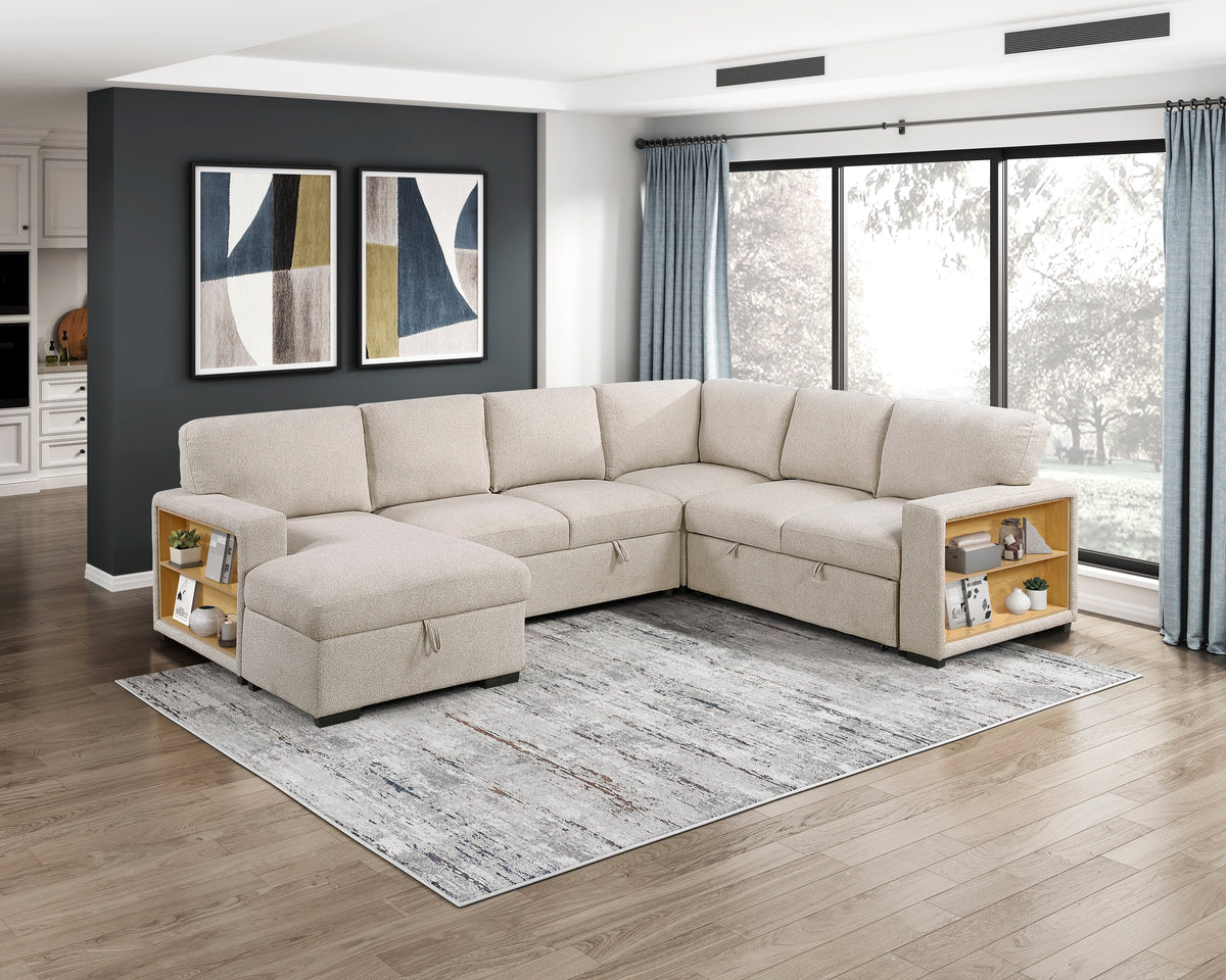 Pompano Beige 4-Piece Sectional with Left Chaise, Pull-out Bed and Hidden Storages, Charging Ports by Homelegance at Eve Furniture