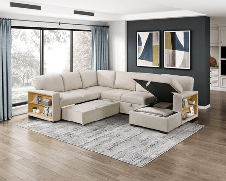 Pompano Beige 4-Piece Sectional with Right Chaise, Pull-out Bed and Hidden Storages, Charging Ports by Homelegance at Eve Furniture