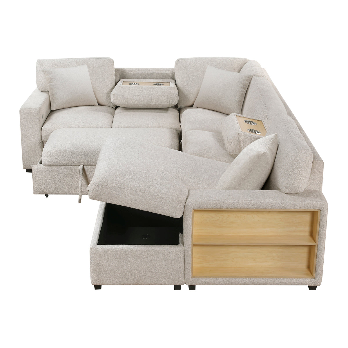 Pompano Beige 4-Piece Sectional with Right Chaise, Pull-out Bed and Hidden Storages, Charging Ports by Homelegance at Eve Furniture