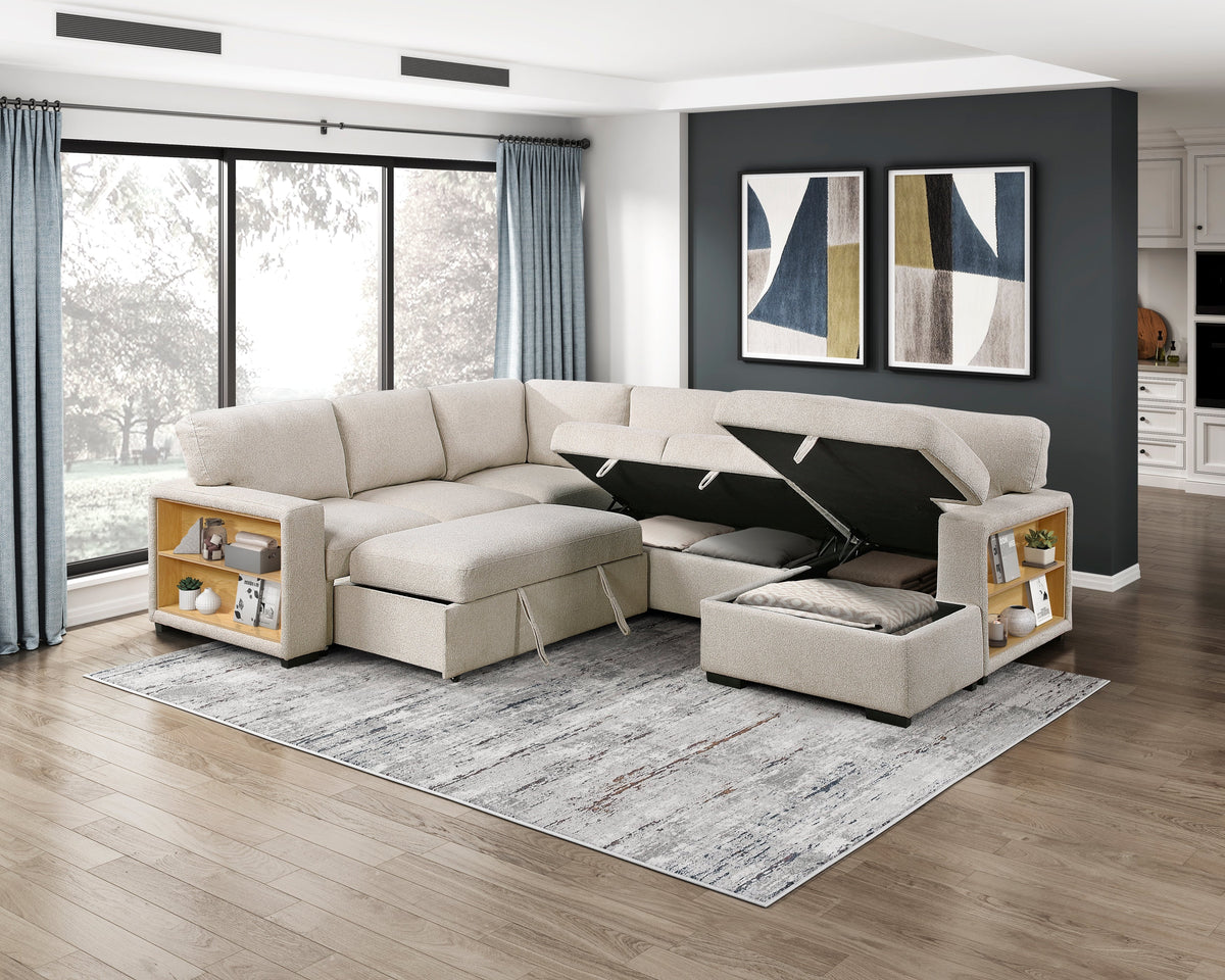 Pompano Beige 4-Piece Sectional with Right Chaise, Pull-out Bed and Hidden Storages, Charging Ports by Homelegance at Eve Furniture