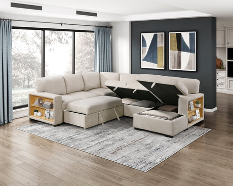 Pompano Beige 4-Piece Sectional with Right Chaise, Pull-out Bed and Hidden Storages, Charging Ports by Homelegance at Eve Furniture
