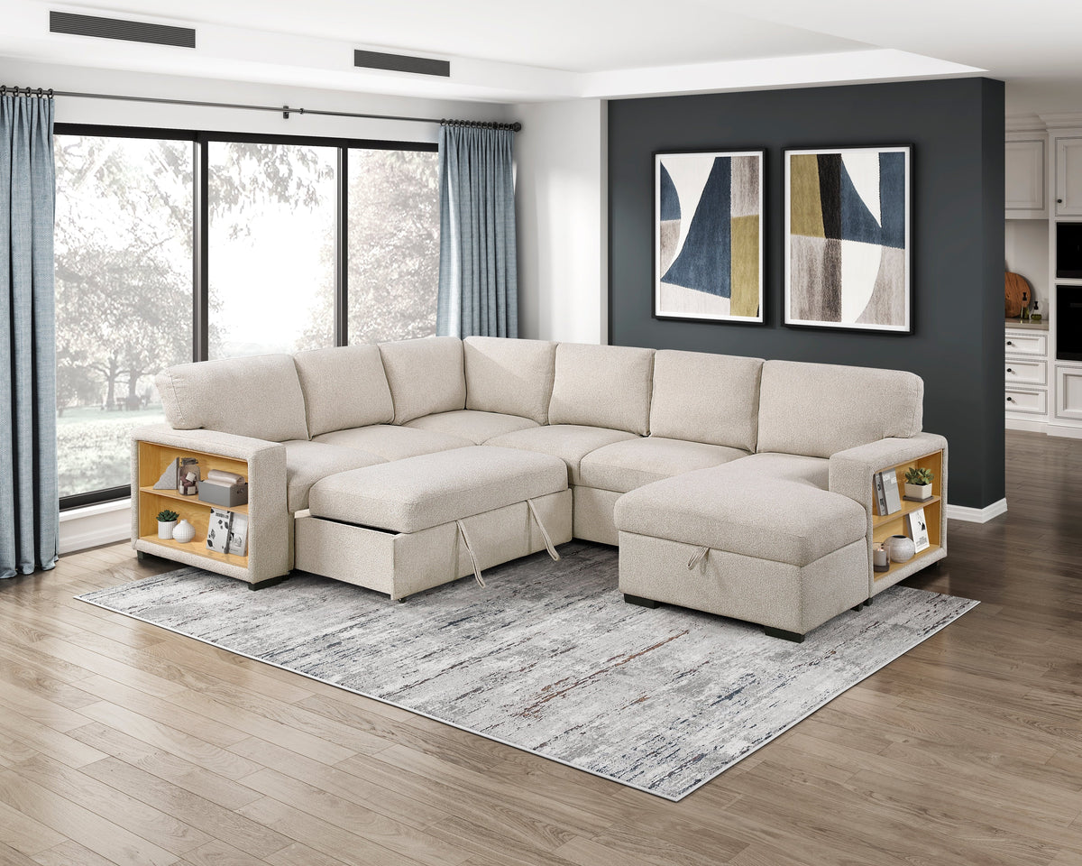 Pompano Beige 4-Piece Sectional with Right Chaise, Pull-out Bed and Hidden Storages, Charging Ports by Homelegance at Eve Furniture