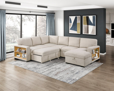 Pompano Beige 4-Piece Sectional with Right Chaise, Pull-out Bed and Hidden Storages, Charging Ports by Homelegance at Eve Furniture