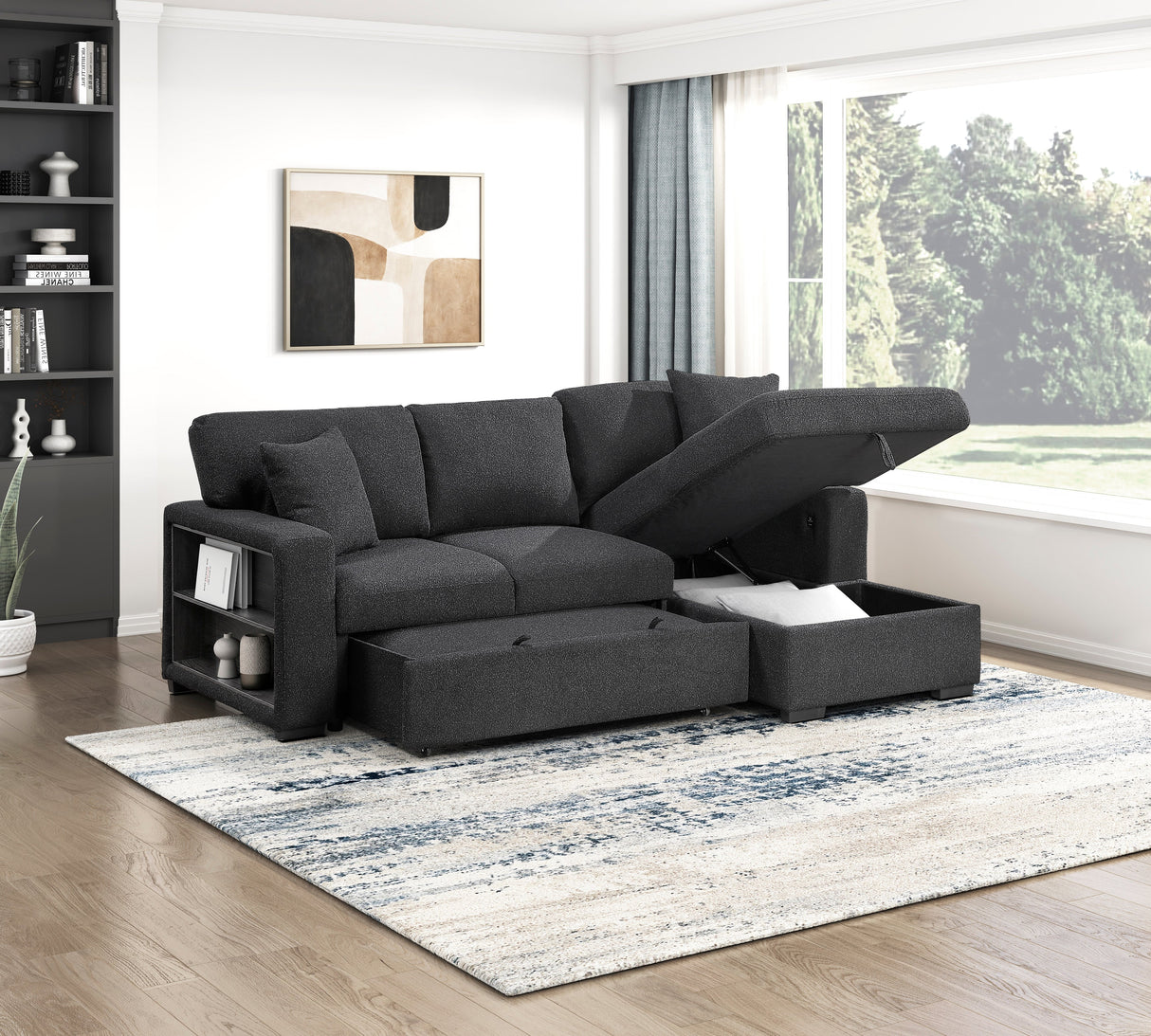Pompano Black Boucle 2-Piece Sectional with Right Chaise and Pull-out Bed by Homelegance at Eve Furniture