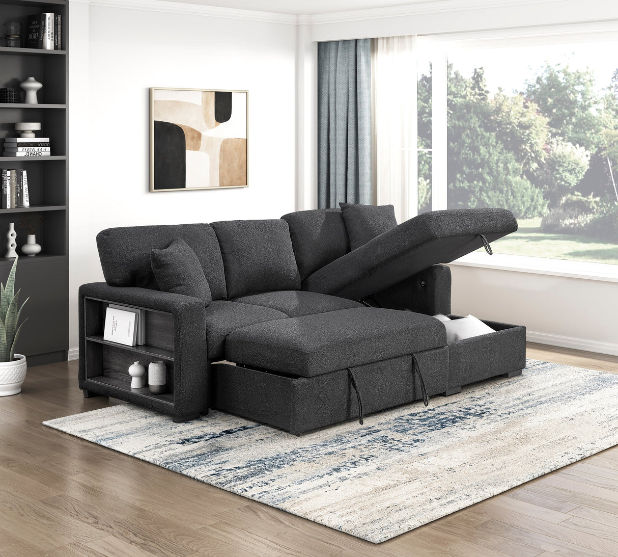 Pompano Black Boucle 2-Piece Sectional with Right Chaise and Pull-out Bed by Homelegance at Eve Furniture