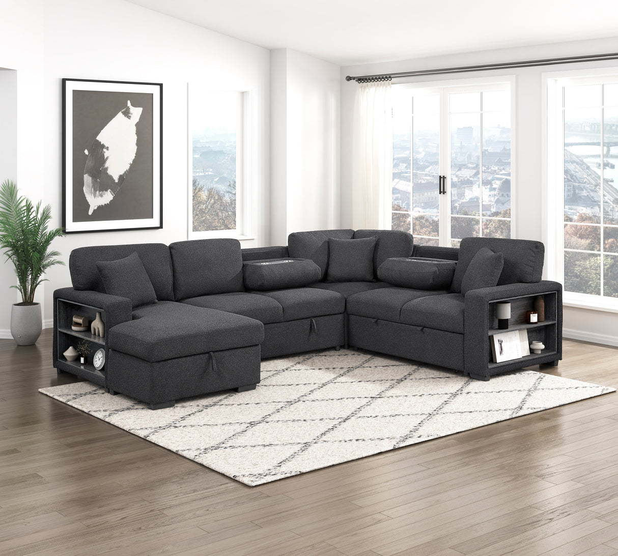Pompano Black Boucle 4-Piece Sectional with Left Chaise and Pull-out Bed by Homelegance at Eve Furniture