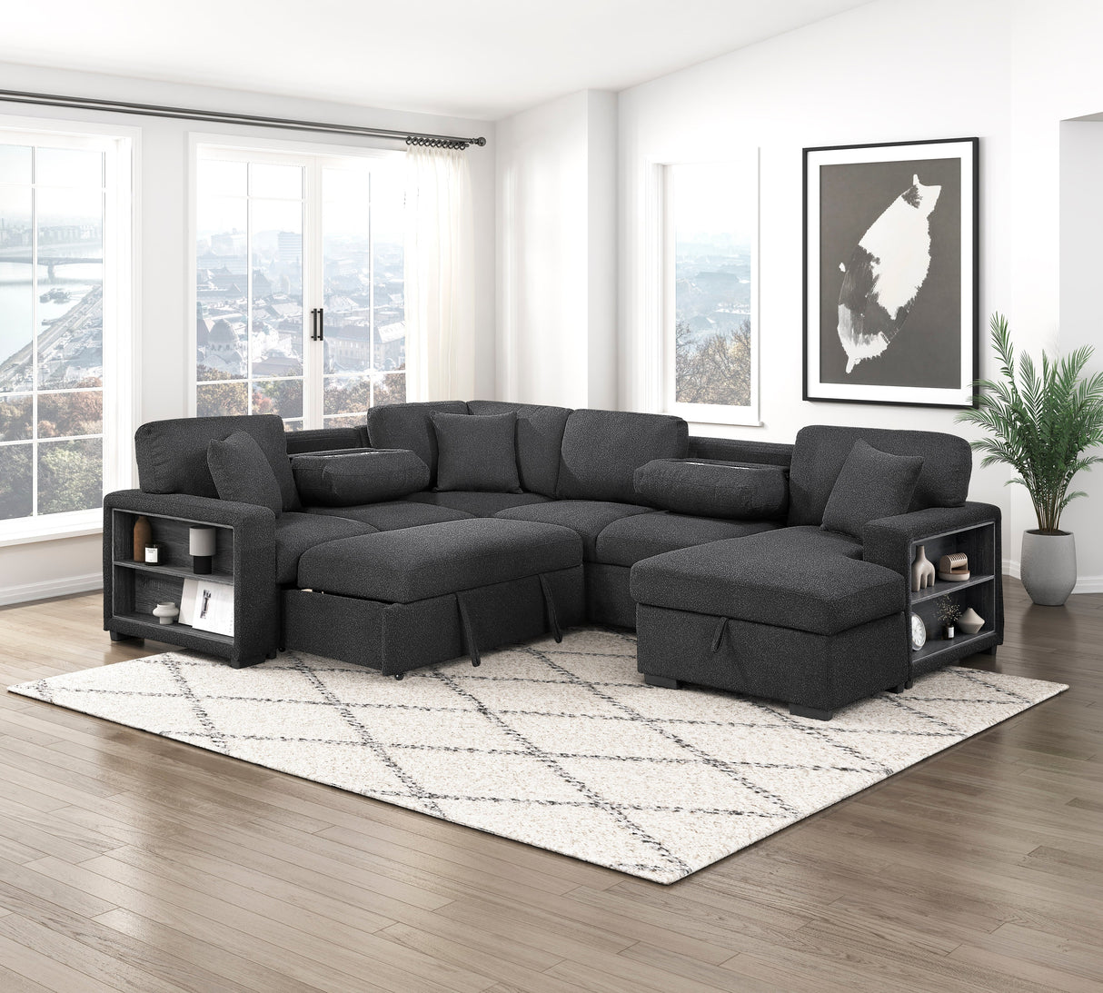 Pompano Black Boucle 4-Piece Sectional with Right Chaise and Pull-out Bed by Homelegance at Eve Furniture