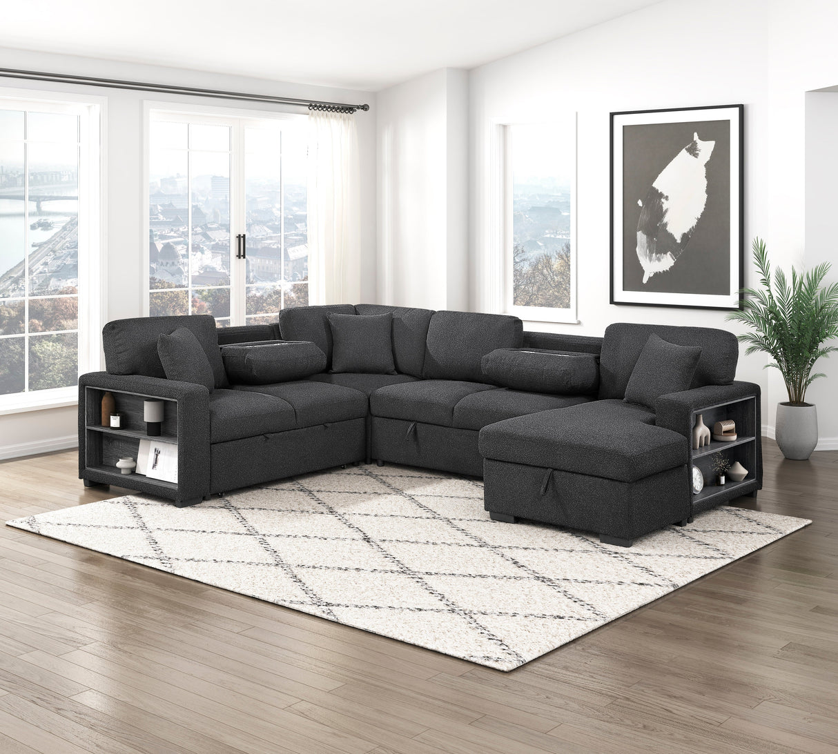 Pompano Black Boucle 4-Piece Sectional with Right Chaise and Pull-out Bed by Homelegance at Eve Furniture