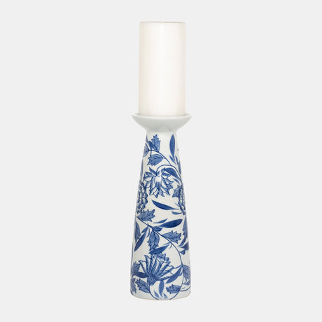 Porc,12"h Chinoiserie Candle Holder,blue/wht