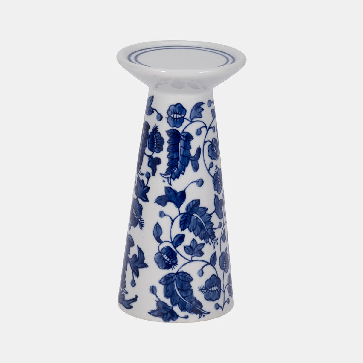 Porc, 8" Chinoiserie Leaves Candle Holder, Blue/wh