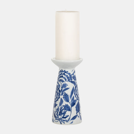 Porc,8"h Chinoiserie Candle Holder,blue/wht
