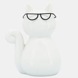Porcelain, 8"h Cat W/ Glasses, White