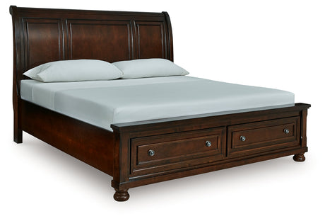 Porter Rustic Brown Sleigh Storage Platform Bedroom Set with 2 Footboard Drawers by Ashley at Eve Furniture