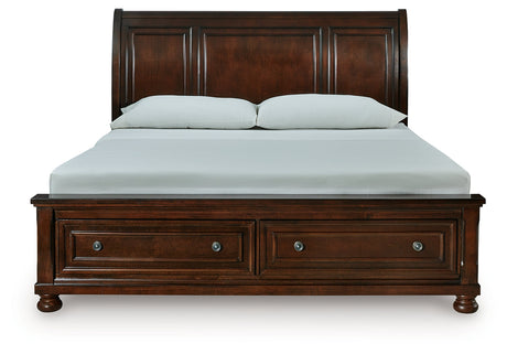 Porter Rustic Brown Sleigh Storage Platform Bedroom Set with 2 Footboard Drawers by Ashley at Eve Furniture