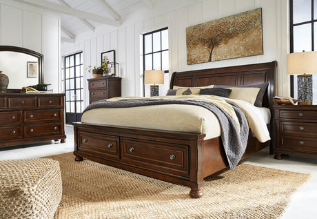 Porter Rustic Brown Sleigh Storage Platform Bedroom Set with 2 Footboard Drawers by Ashley at Eve Furniture