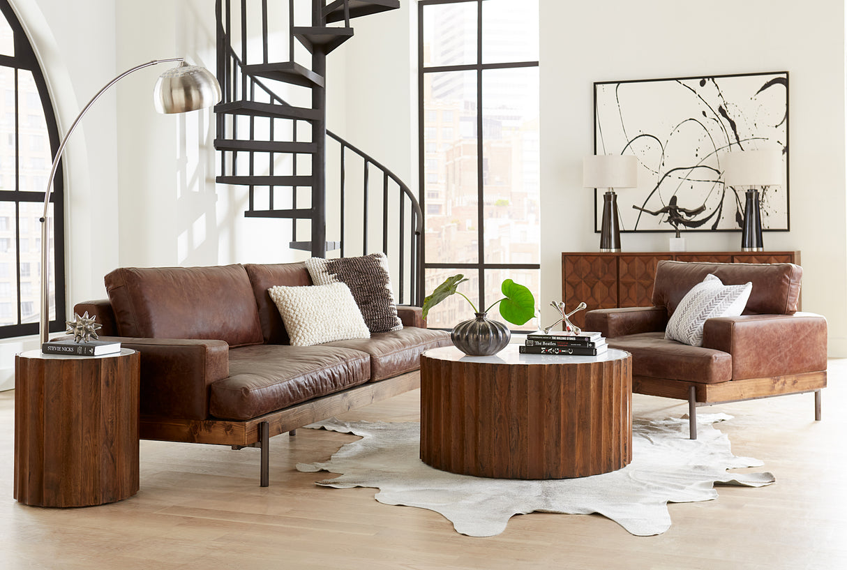 Portofino Industrial 94" Sofa in Geisha Brown Leather by Home Trends & Design at Eve Furniture