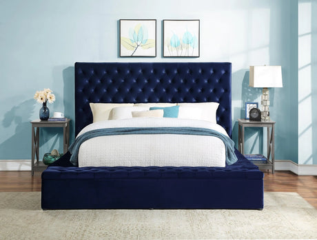 Prague Blue Velvet Queen Upholstered Storage Platform Bed by Homelegance at Eve Furniture