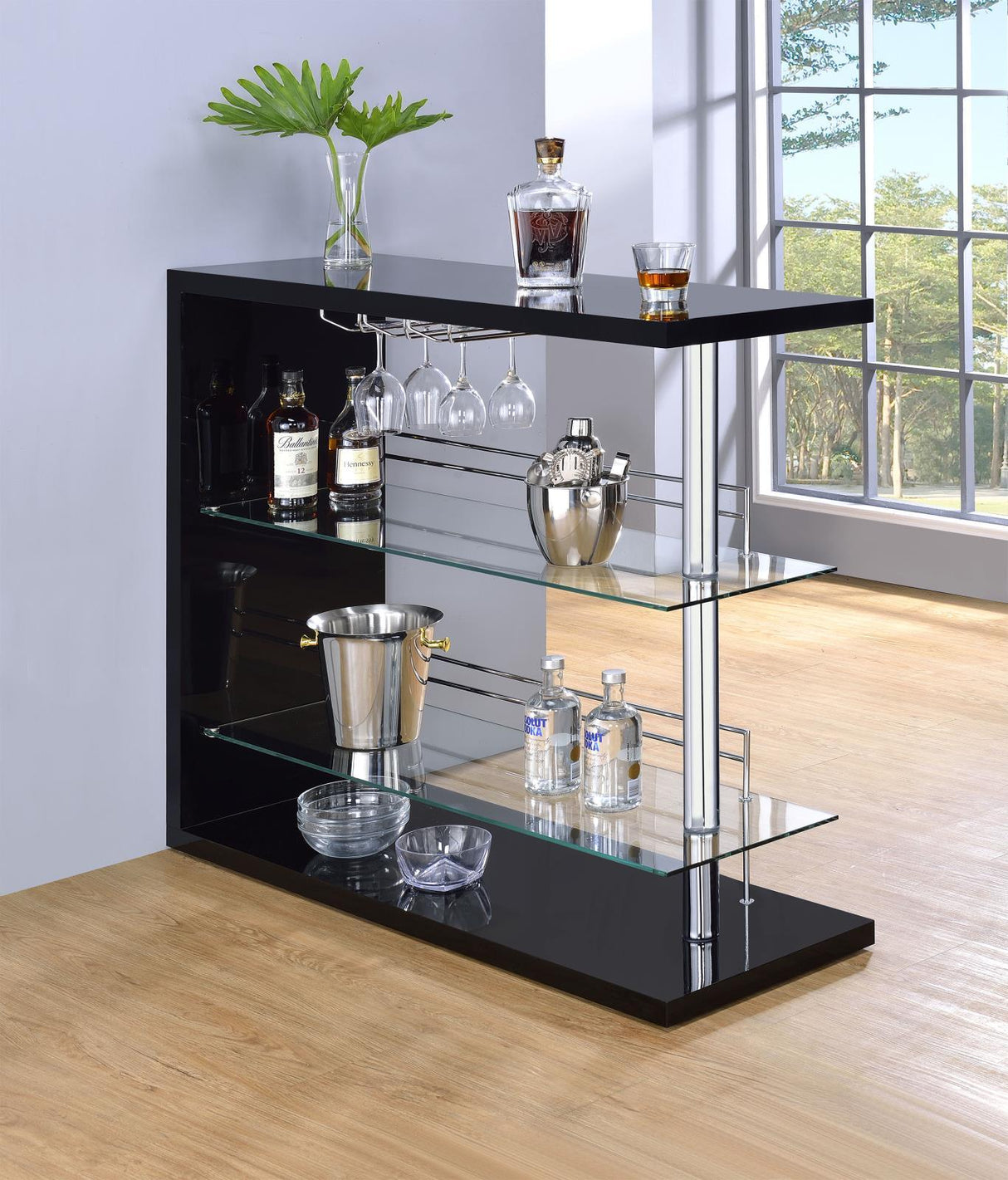 Prescott Glossy Black Rectangular 2-Shelf Bar Unit by Coaster at Eve Furniture