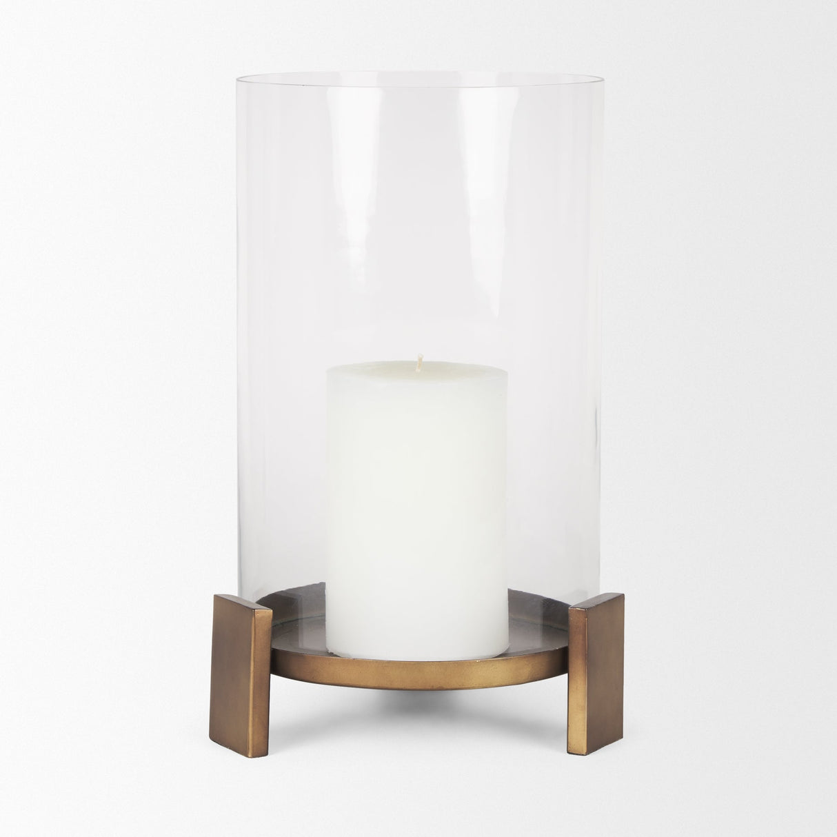 Price Large Antiqued Gold Metal w/ Glass Hurricane Candle Holder by Mercana at Eve Furniture