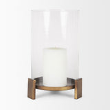 Price Large Antiqued Gold Metal w/ Glass Hurricane Candle Holder by Mercana at Eve Furniture