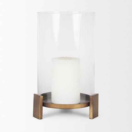 Price Large Antiqued Gold Metal w/ Glass Hurricane Candle Holder by Mercana at Eve Furniture