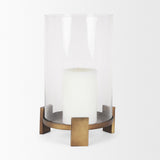 Price Large Antiqued Gold Metal w/ Glass Hurricane Candle Holder by Mercana at Eve Furniture