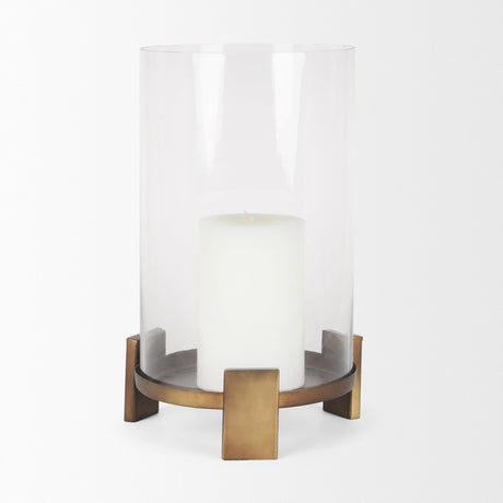 Price Large Antiqued Gold Metal w/ Glass Hurricane Candle Holder by Mercana at Eve Furniture